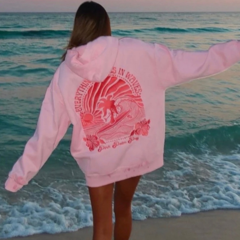 Pink Palm Puff Hoodie and Drawstring